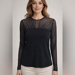 RW&CO. Black Long-Sleeve V-Neck Top with Sheer Mesh